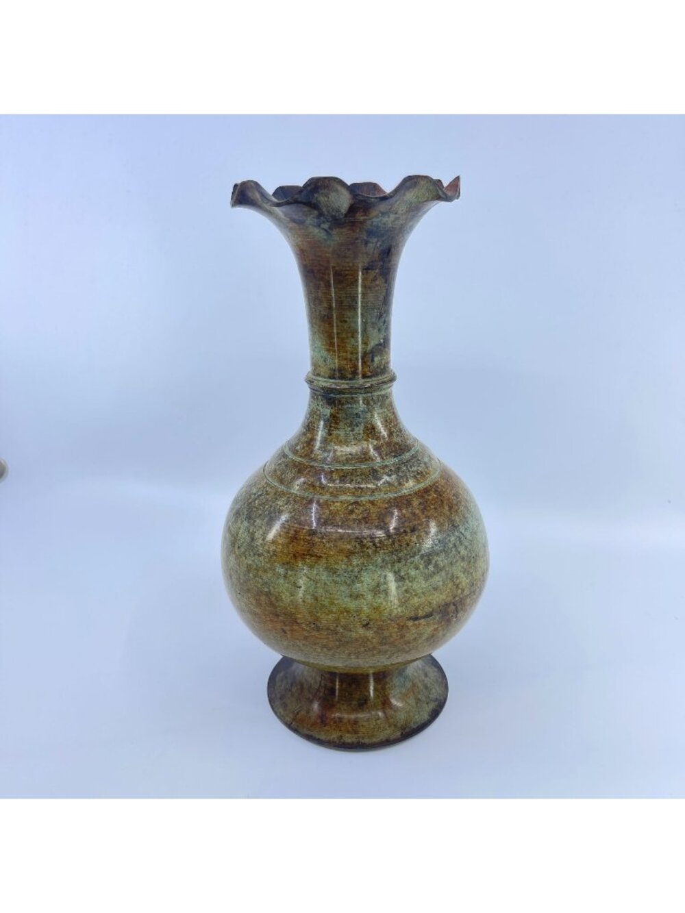 vintage patinated brass vase with fluted rim rustic style